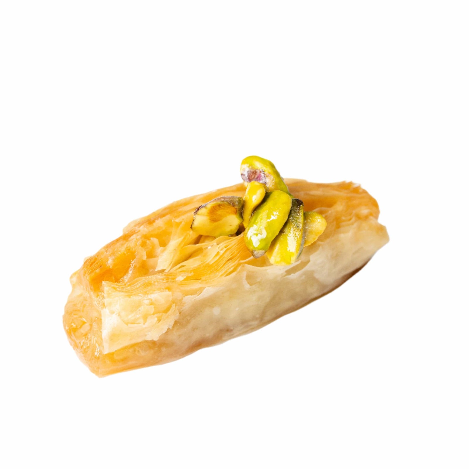 Book pistachio baklava — thick folded phyllo pastry opened like a book spine, filled with crushed pistachios and honey syrup