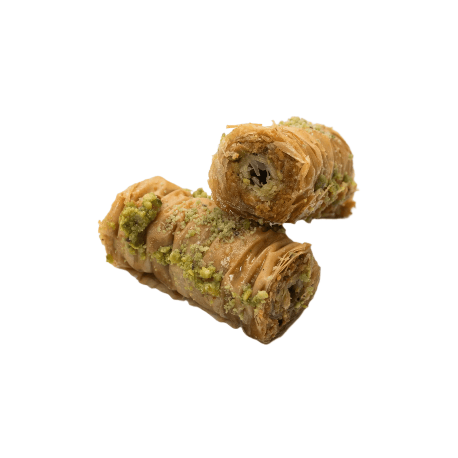 Burma roll baklava — golden cylindrical rolled phyllo pastry filled with pistachios and soaked in honey syrup