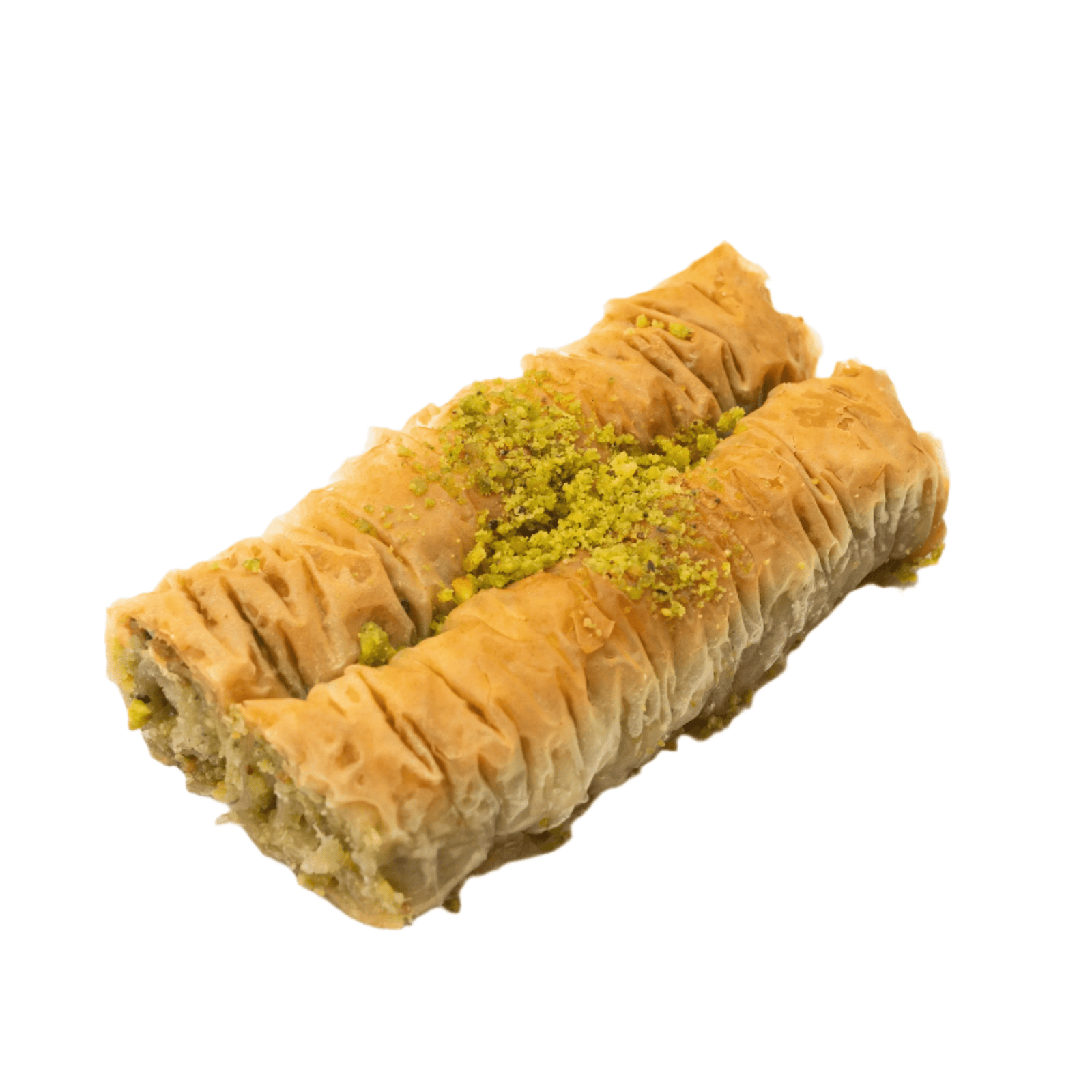 Al-Hamdani Sweets finger baklava — close-up of elongated golden rolled pastry showing crispy layers and pistachio filling
