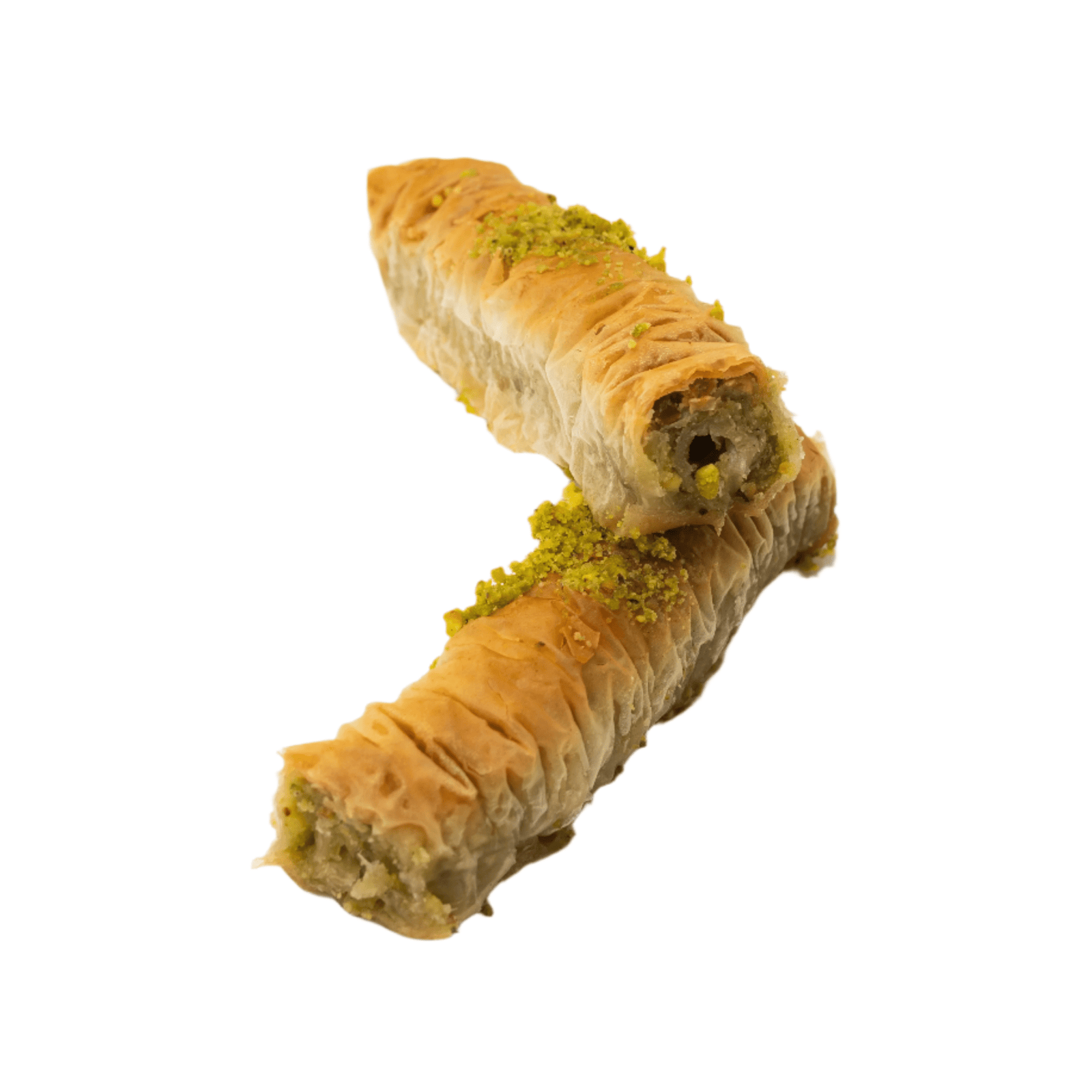 Finger baklava — long thin crispy rolled phyllo pastry filled with pistachios, soaked in honey syrup, traditional Middle Eastern sweet