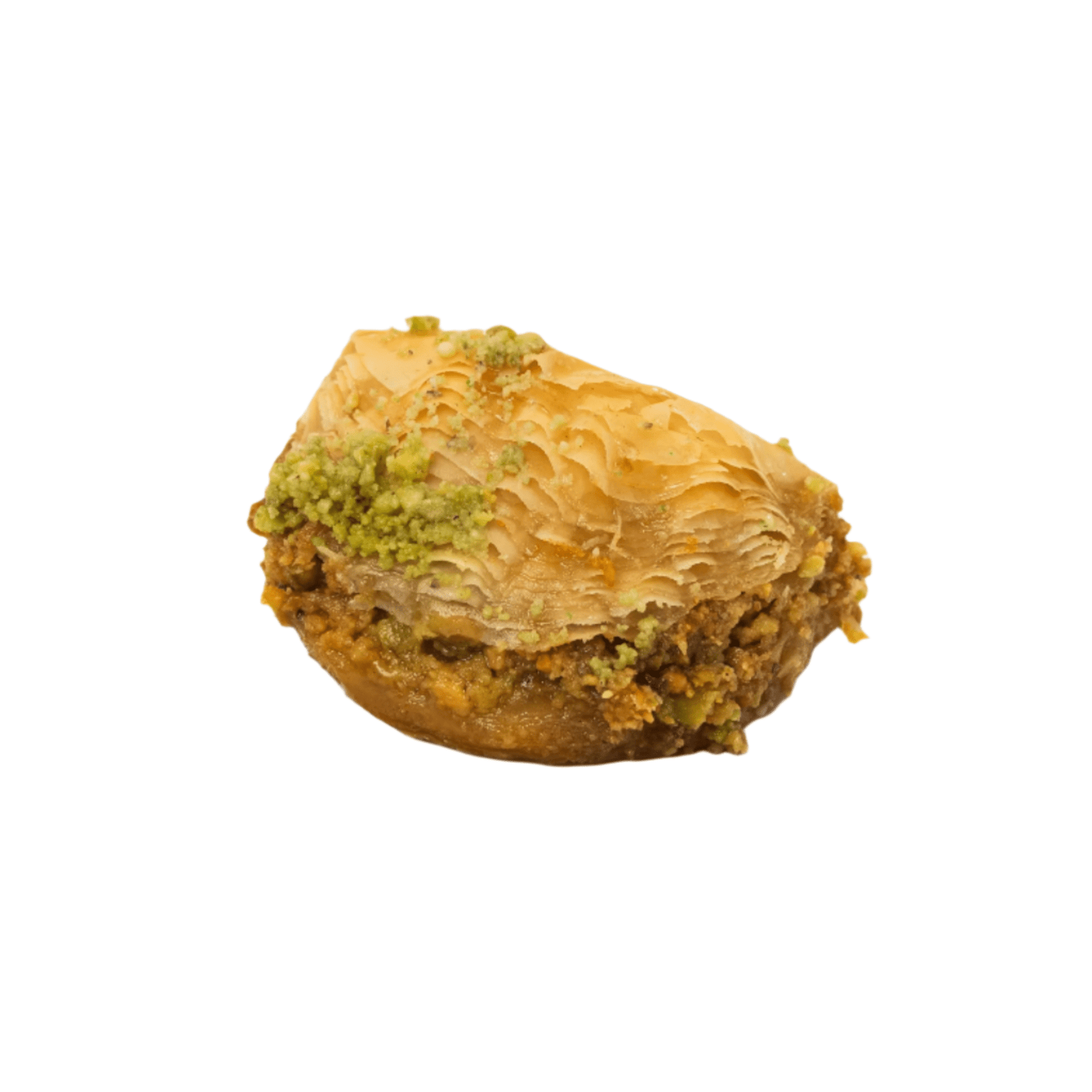 Kul washkur pistachio baklava — small oyster-shaped phyllo pastry pinched closed around pistachio filling, golden and syrup-soaked
