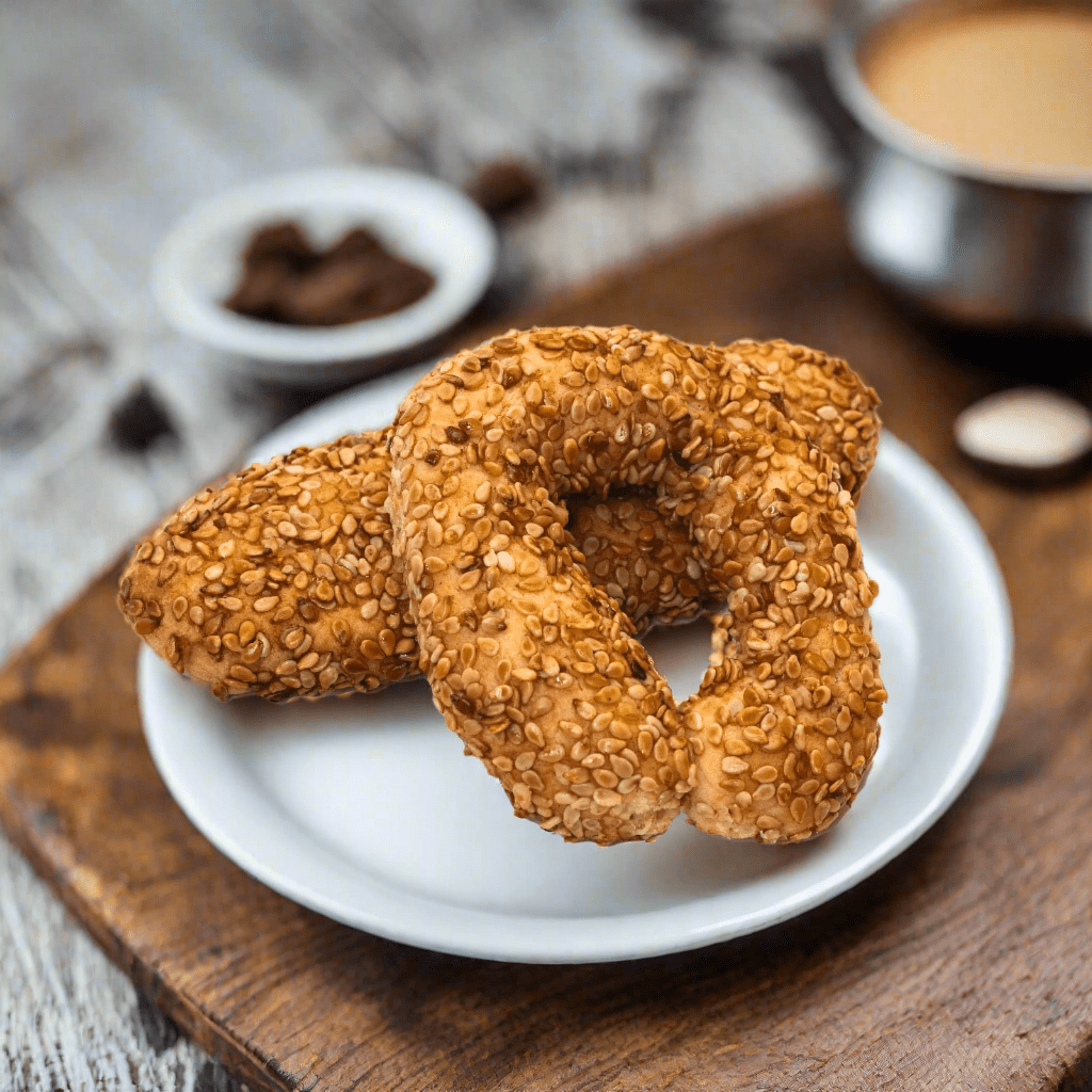 Al-Hamdani Sweets sesame cookie assortment — variety of golden sesame-coated Middle Eastern cookies on a platter