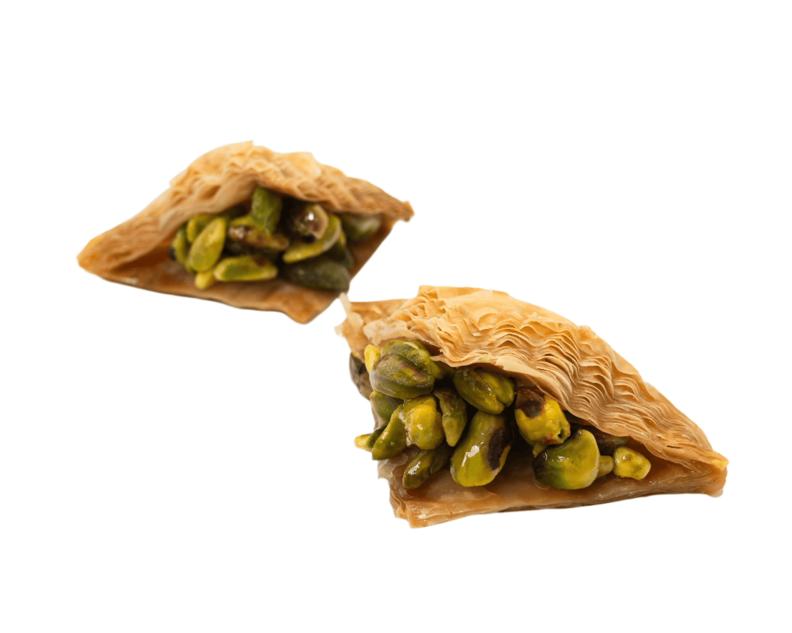 Al-Hamdani Sweets taco baklava — overhead view of pistachio-filled folded phyllo pastry pieces