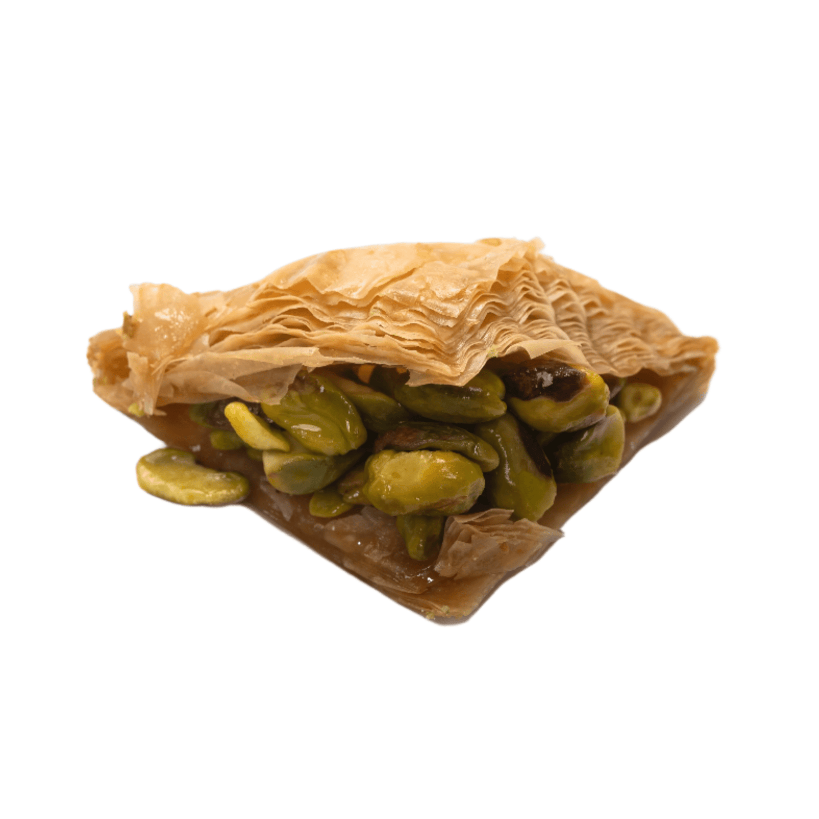 Taco baklava with pistachio — crispy phyllo folded into a taco shell shape topped with crushed pistachios and honey syrup