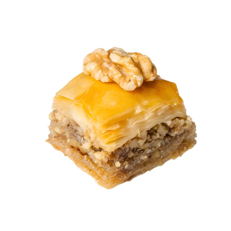 Walnut baklava — diamond-cut pieces of flaky phyllo pastry layered with chopped walnuts and honey syrup