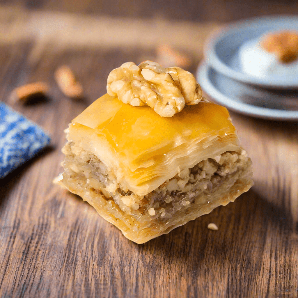 Al-Hamdani Sweets walnut baklava close-up showing crispy layered phyllo and walnut filling